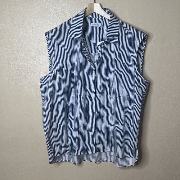 Calvin Klein Navy and White Striped Sleeveless Blouse - Picture 1 of 9